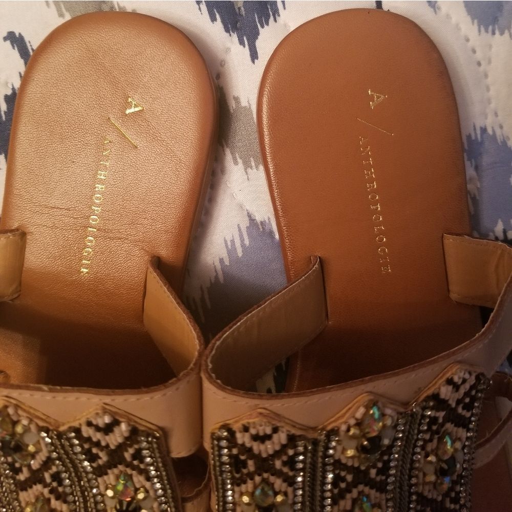 Anthropologie Blush Beaded Embellished Leather Thong Sandals Sz.38/US 7 - Picture 6 of 12